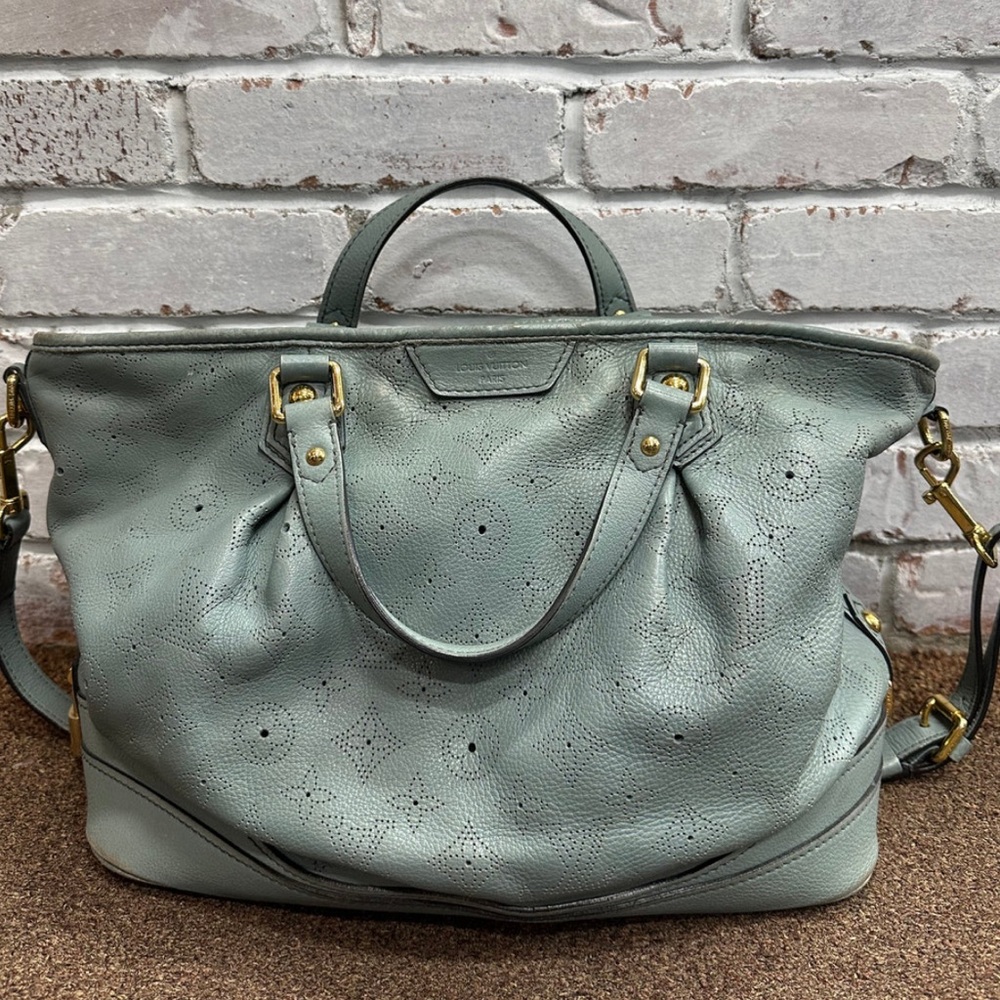 Louis Vuitton Mahina Blue Tote Bag with Structured Design and Double Handles